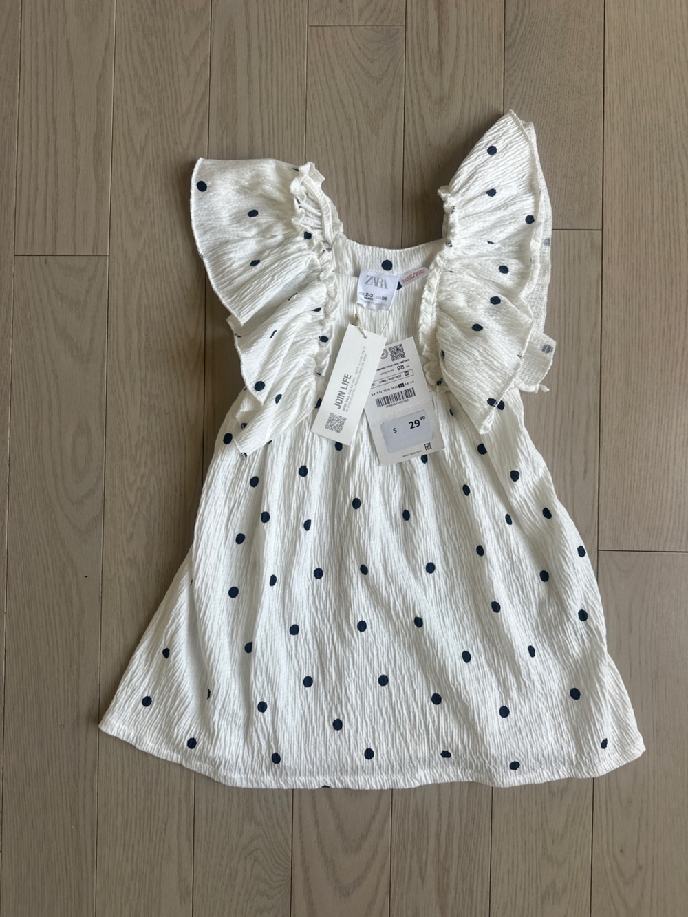 🌈 NWT Girls 3T Zara White Polka Dot Ruffle-Sleeve Kids Dress - Picture 2 of 3